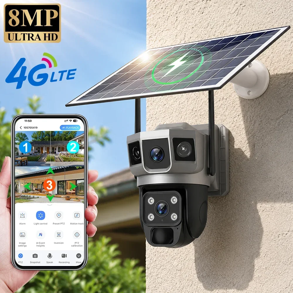 Home Security Ai - V380 4K 3화면 4G 카메라 태양광